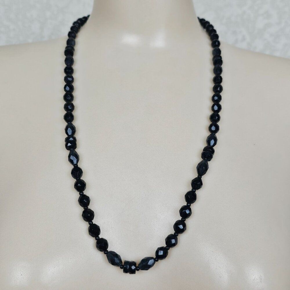 Vintage Multi Faceted Smoky Gray French Jet Black Glass Bead Necklace 25.5" Long